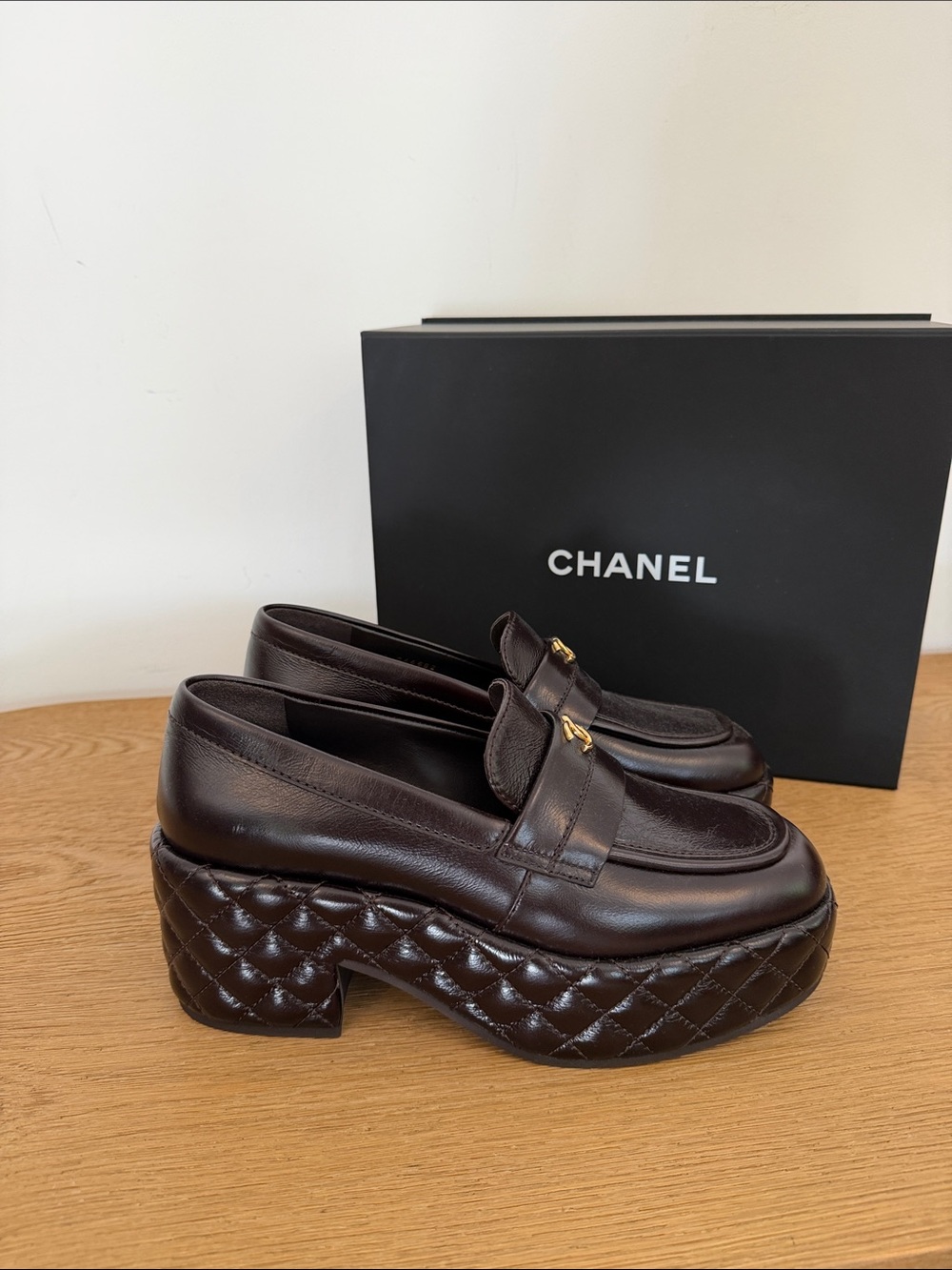 CHANEL Brown Quilted Platform Penny Loafers with Gold CC - Picture 4 of 9